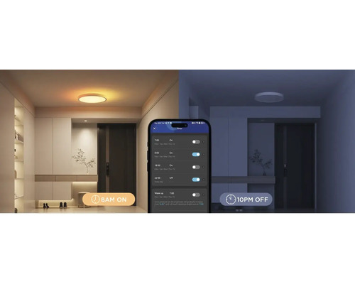 Raumszene mit einer Deckenleuchte, die per Smartphone-App gesteuert wird