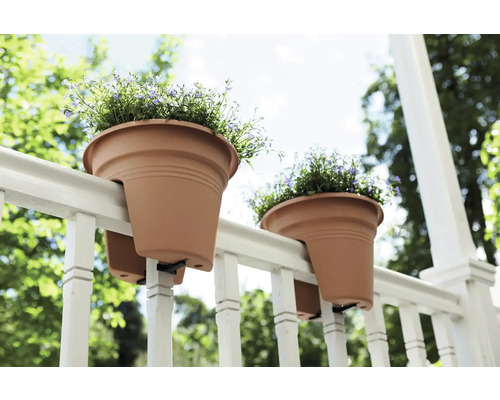 Zwei Pflanztöpfe hängen an einem Geländer mit Blumen.