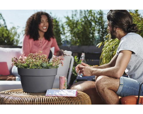 Szene im Freien mit einem grauen Pflanztopf auf einem Tisch mit Pflanzen und zwei Personen im Hintergrund.