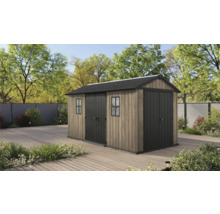 Gartenschuppen mit Fenster und Doppeltür auf einer Terrasse