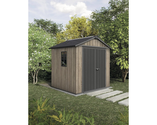 Gartenschuppen aus Holz mit Doppeltür und Fenster im Garten