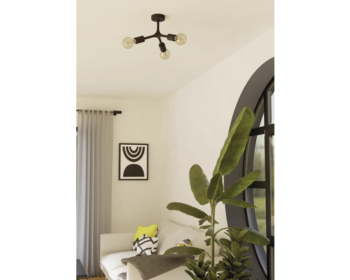 Wohnzimmer mit Deckenleuchte, Sofa und Zimmerpflanze