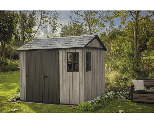 Gartenhaus Keter Ashwood Apex 7,5x9 inkl. Fußboden 230 x 287 cm anthrazit/braun Gartenschuppen aus Kunststoff mit Fenster im Garten