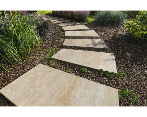 Gartenszene mit rechteckigen Trittplatten aus Stein, die einen Weg durch einen mit Rindenmulch bedeckten Garten bilden