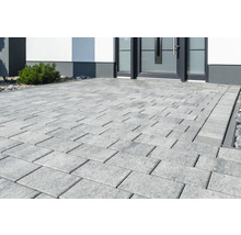 Gepflasterter Weg mit rechteckigen Pflastersteinen vor einem Haus