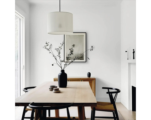 Esszimmer mit Holztisch, Stühlen, Leuchte und Dekoration