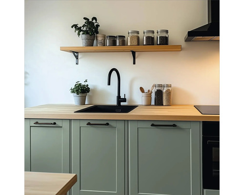 Küchenszene mit Spüle, Arbeitsplatte und Regalen