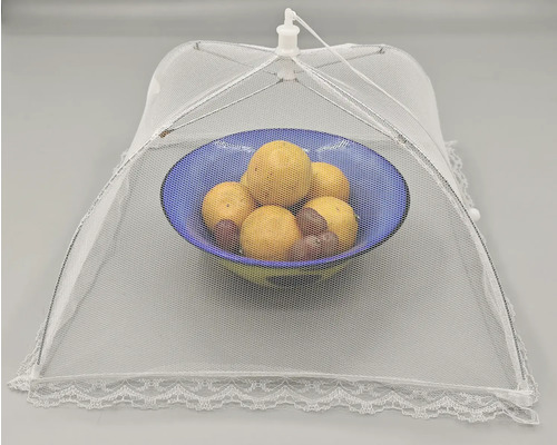 Teller mit Obst unter einer Lebensmittelabdeckung