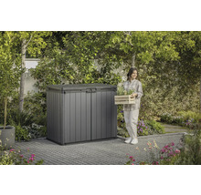 Gartenszene mit Gerätebox und einer Frau mit Pflanzenkiste.