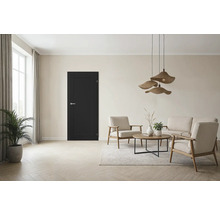 Wohnzimmer mit schwarzer Innentür, Sitzgruppe und Pendelleuchte