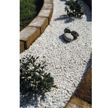 Detailansicht eines Gartenwegs mit Holzeinfassung und Ziersplitt