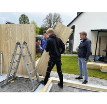 Aufbau einer Holzgartenmauer mit Helfern und Leiter.