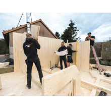 Bauarbeiter errichten ein Holzhaus mit Holzplatten nach Bauplan.