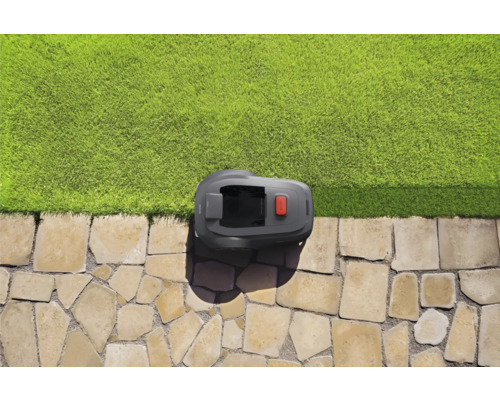 Rasenmähroboter auf Steinweg neben Rasenfläche