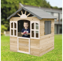 Spielhaus aus Holz mit grauem Dach und einem Kind, das darin steht