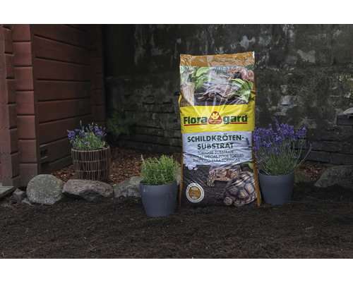 Floragard Schildkrötensubstrat Sack neben Pflanzen