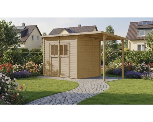 Holzgartenhaus mit Vordach im Garten