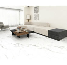 Heller Wohnraum mit Sofa, Couchtisch und Fliesenboden.