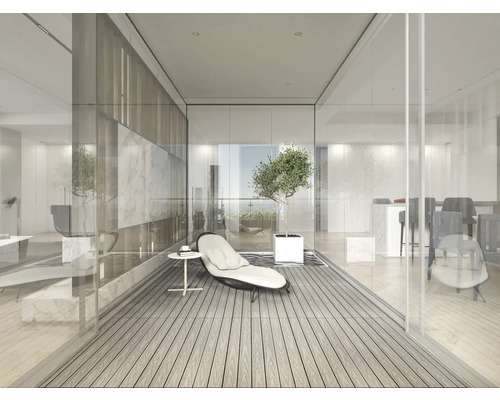 Heller Raum mit Sitzgelegenheit, Tisch und Pflanze für den Wohnbereich