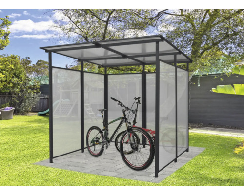 Unterstand Floraworld Bus 227 x 223 cm anthrazit Fahrradunterstand mit zwei Fahrrädern im Garten