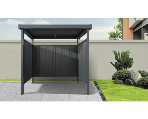 Unterstand Floraworld 214 x 214 cm anthrazit Modernes Gartenhaus mit geschlossenem Rückwandelement auf gepflasterter Fläche