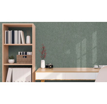 Zimmer mit grüner Strukturtapete, Schreibtisch und Bücherregal