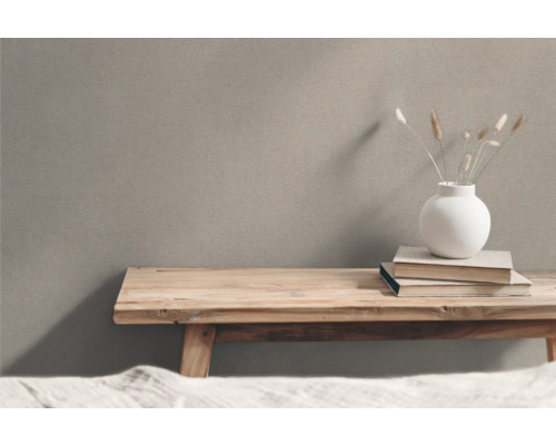 Dekoratives Interieur mit Holzbank, Büchern und Vase mit Pflanzen
