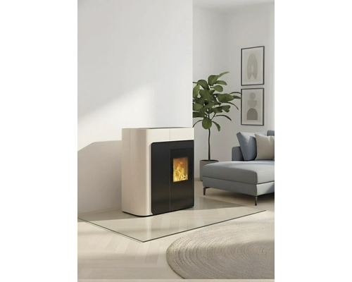 Wohnraum mit Pelletofen, Pflanze, Sofa und Bildern