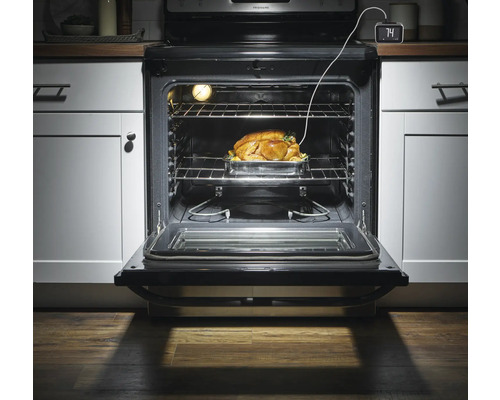 Gebratener Truthahn im Ofen mit offenstehender Tür und digitalem Bratenthermometer