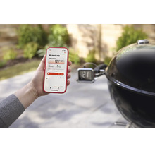 Eine Person hält ein Smartphone mit der Weber Connect App neben einem Holzkohlegrill.