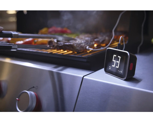 Digitales Grillthermometer mit Fühler neben Grillgut