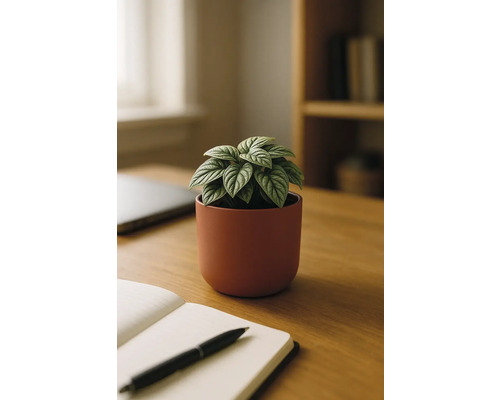 Tischdekoration mit Zierspargel in Keramiktopf, Notizbuch und Stift