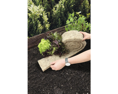 Gemüsegarten mit Salatpflanzen und einer Rolle Pflanzmatte aus Naturfasern auf dem Boden.