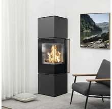 Freistehender Kaminofen mit Glasfenster und Holzscheiten im Wohnraum