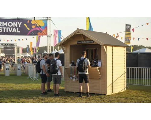 Festival Szene mit Ticketstand und wartenden Personen.