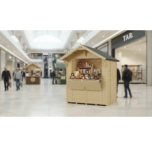 Verkaufsstand aus Holz mit Regalen für Warenpräsentation in einem Einkaufszentrum