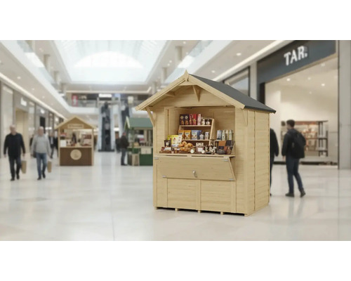 Verkaufsstand aus Holz mit Regalen für Warenpräsentation in einem Einkaufszentrum