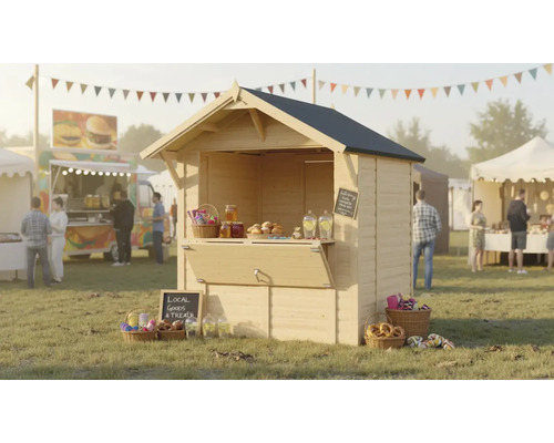 Holzverkaufsstand auf einer Veranstaltung mit Imbisswagen und Zelten