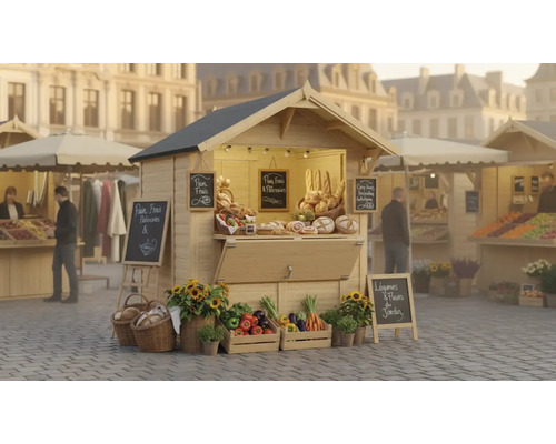 Holzverkaufsstand mit Backwaren, Gemüse und Blumen auf einem Marktplatz