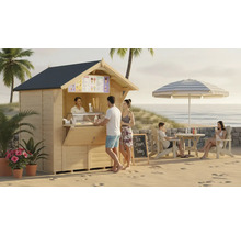 Strandszene mit einem hölzernen Eisstand, Sonnenschirm und mehreren Personen