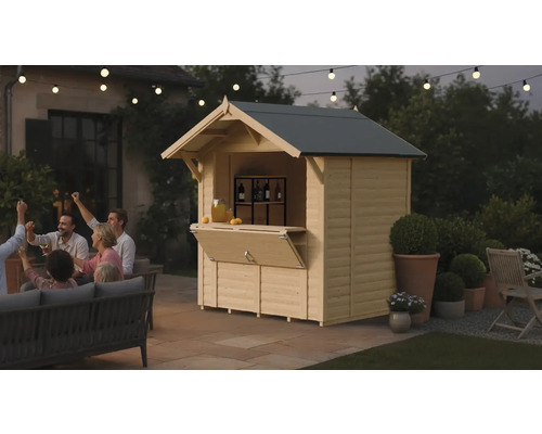 Holzgartenbar mit Gästen im Garten