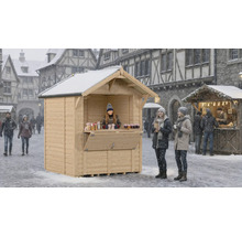 Holzverkaufsstand auf einem Weihnachtsmarkt mit Schnee