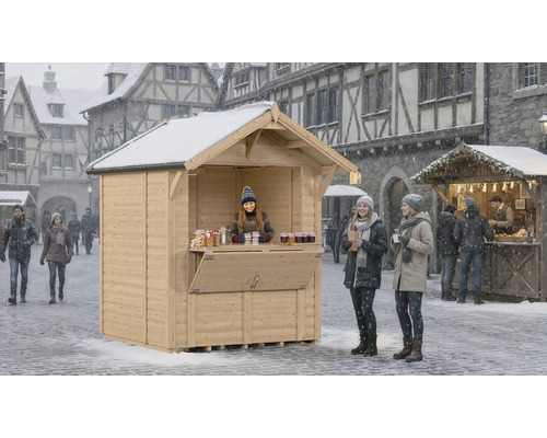 Holzverkaufsstand auf einem Weihnachtsmarkt mit Schnee