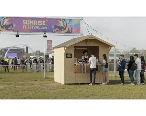 Holzgartenhaus auf einer Musikveranstaltung mit Warteschlange davor