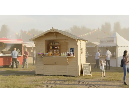 Holzverkaufsstand auf einem Markt mit Imbisswagen und Menschen
