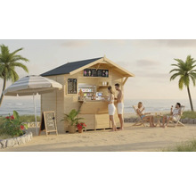 Holz Eisdiele am Strand mit Kunden, Sonnenschirm und Liegestühlen