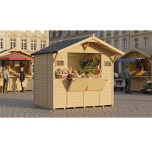 Holzverkaufsstand mit Lebensmitteln auf einem Marktplatz
