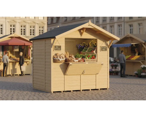 Holzverkaufsstand mit Lebensmitteln auf einem Marktplatz