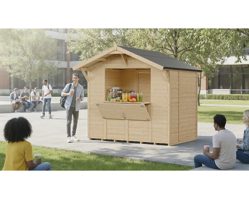 Holz Kiosk mit Pultdach, Verkaufsöffnung und umgebenden Personen im Außenbereich