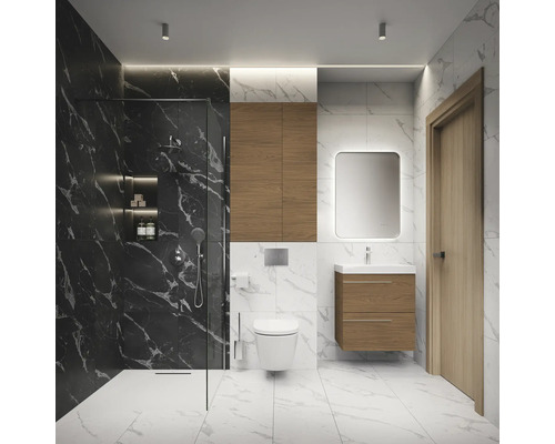 Modernes Badezimmer mit Dusche, Toilette, Waschtisch und Spiegel